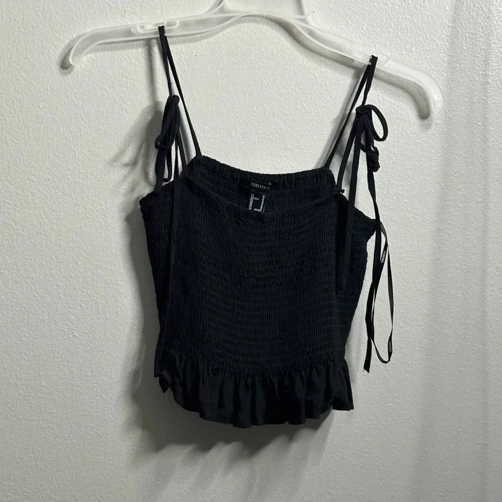 Forever 21 Black Women Smocked Crop Top Rib Size M